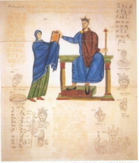 Darstellung Mieszkos II. (Vater von Gertrude von Polen) und Mathildes von Schwaben auf dem Widmungsbild des Liber de divinis officiis; St. Gallen erstes Viertel 11. Jahrhundert.
