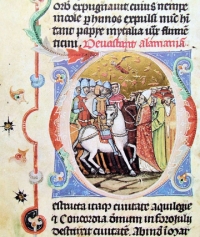 Leo I. mit Attila (14. Jh.) (D) iniciálé a Képes Krónikában (1358)
